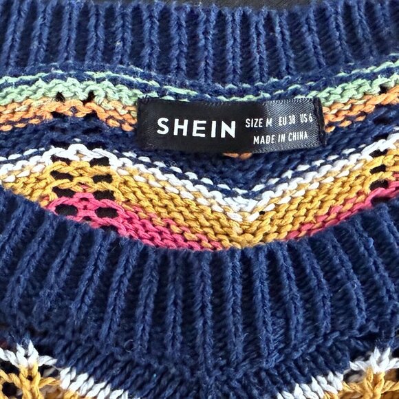 Shein Flare Long Sleeve Open Knit Chevron Crew Neck Crop Sweater - Picture 3 of 7